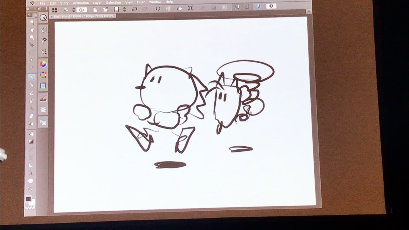 A slide from the talk, showing Hirokazu-san's drawing of Sonic