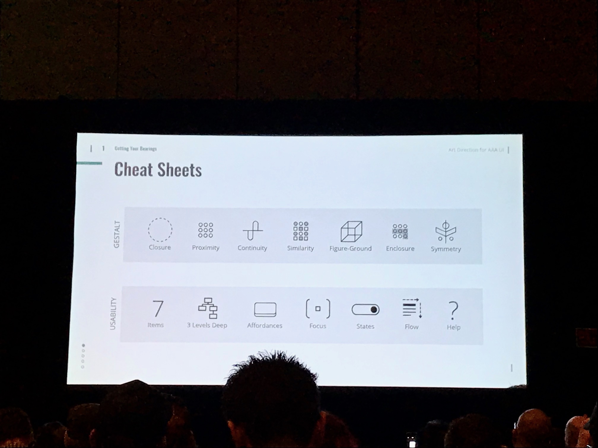 A slide from Omer's talk, showing a usability and Gestalt cheatsheet