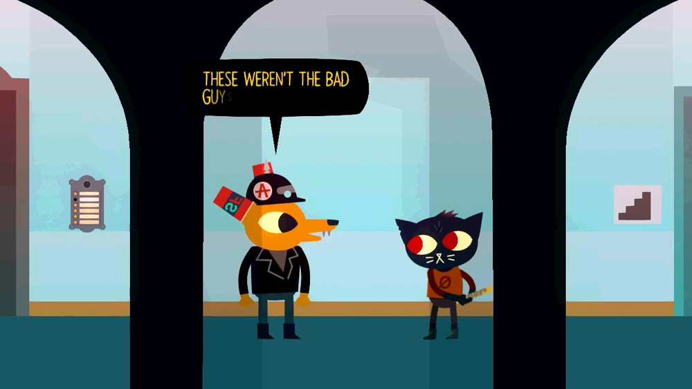 An screen capture from Night in the Woods featuring Gregg with cups on his ears