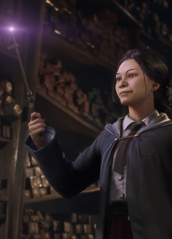 A female wizard from Hogwarts Legacy holding a glowing wand in Oliverands